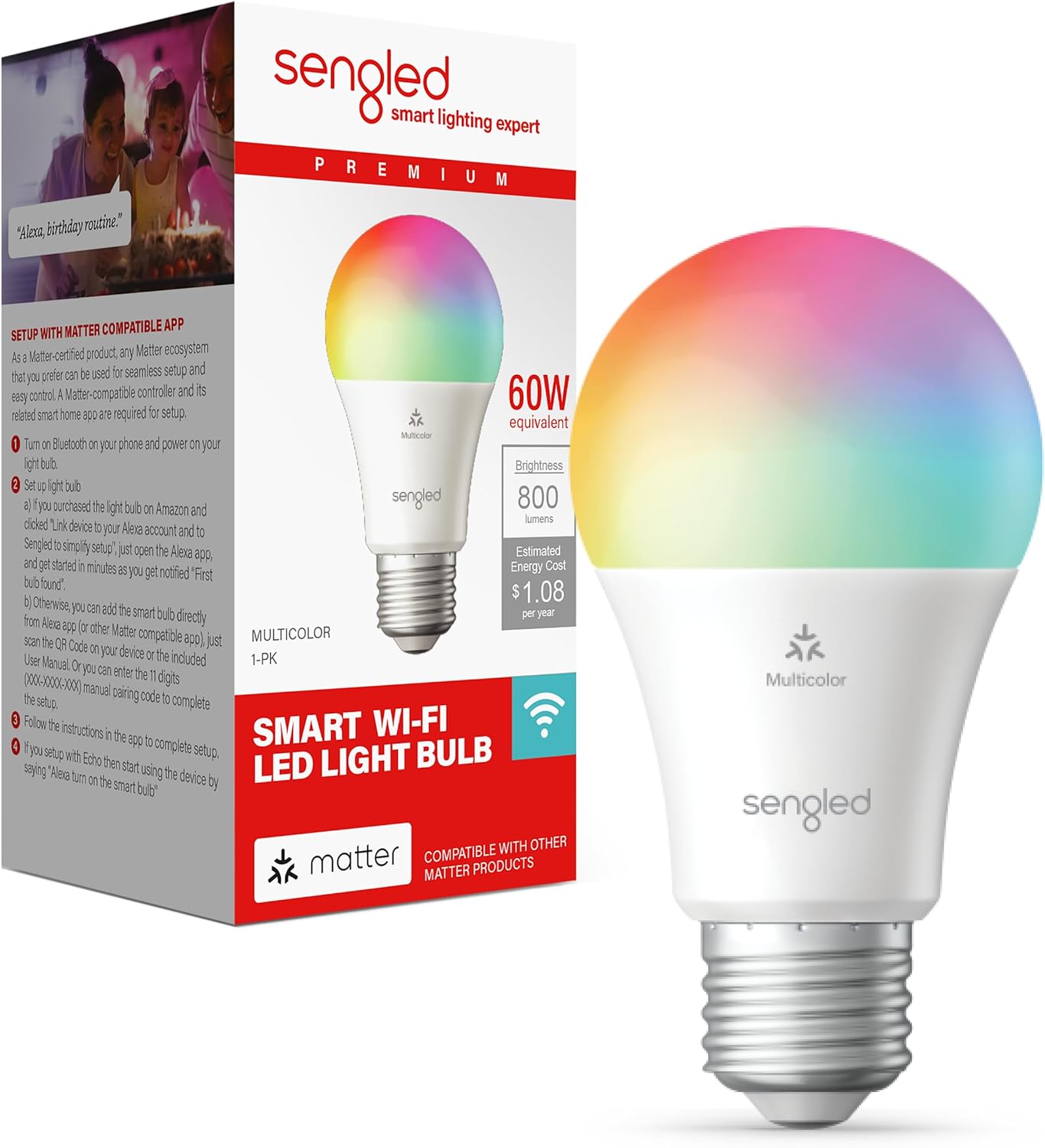 Foco inteligente multicolor sengled,60W 800LM, emparejamiento instantáneo, 2.4 GHz, Wi-Fi.